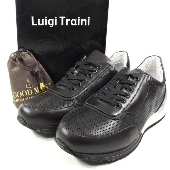 LUIGI TRAINI 🇮🇹 MEN'S BLACK LEATHER COMFORT SNEAKERS